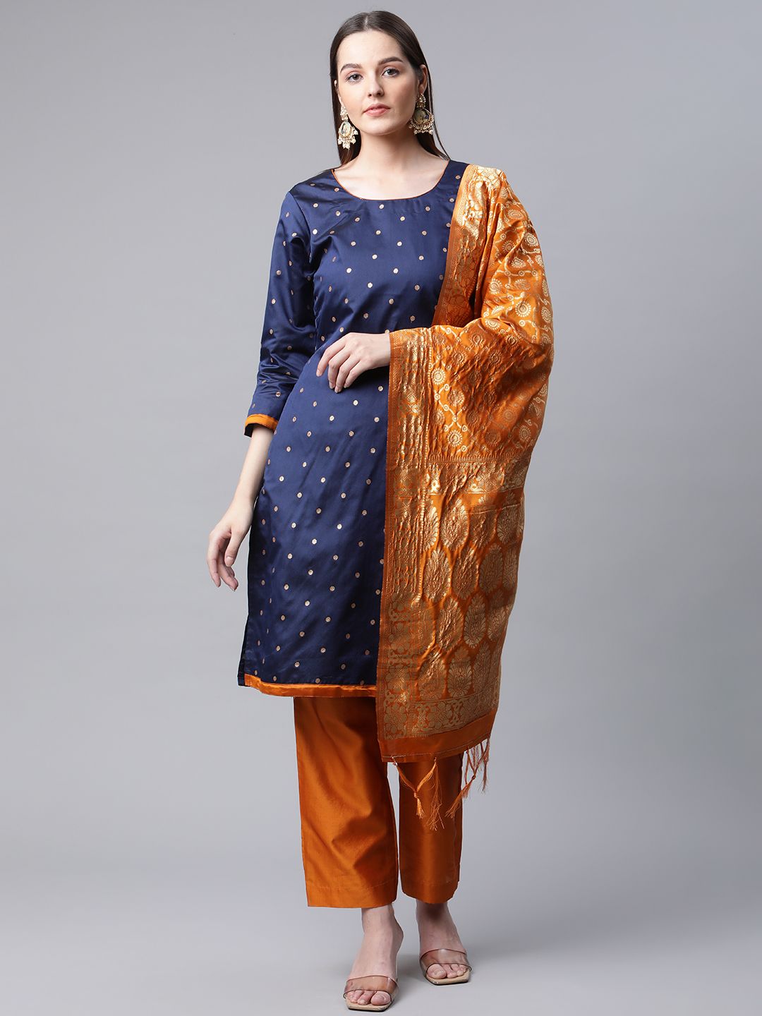 Readiprint Fashions Navy Blue & Orange Art Silk Unstitched Dress Material Price in India