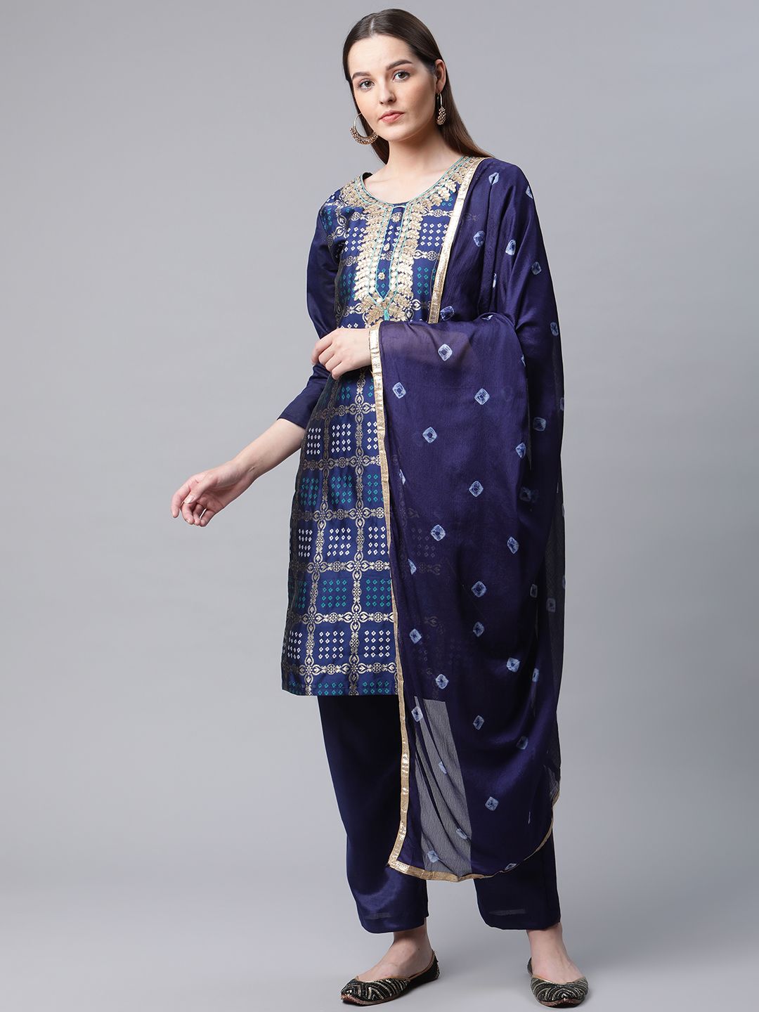 Readiprint Fashions Navy Blue & Gold-Toned Printed Art Silk Unstitched Dress Material Price in India