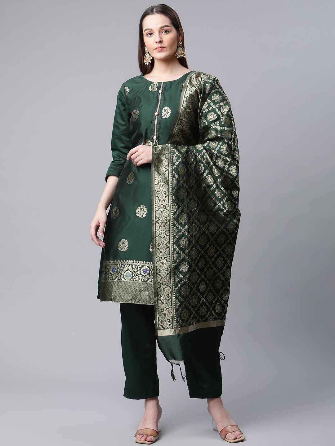 Readiprint Fashions Green & Gold-Toned Art Silk Unstitched Dress Material Price in India