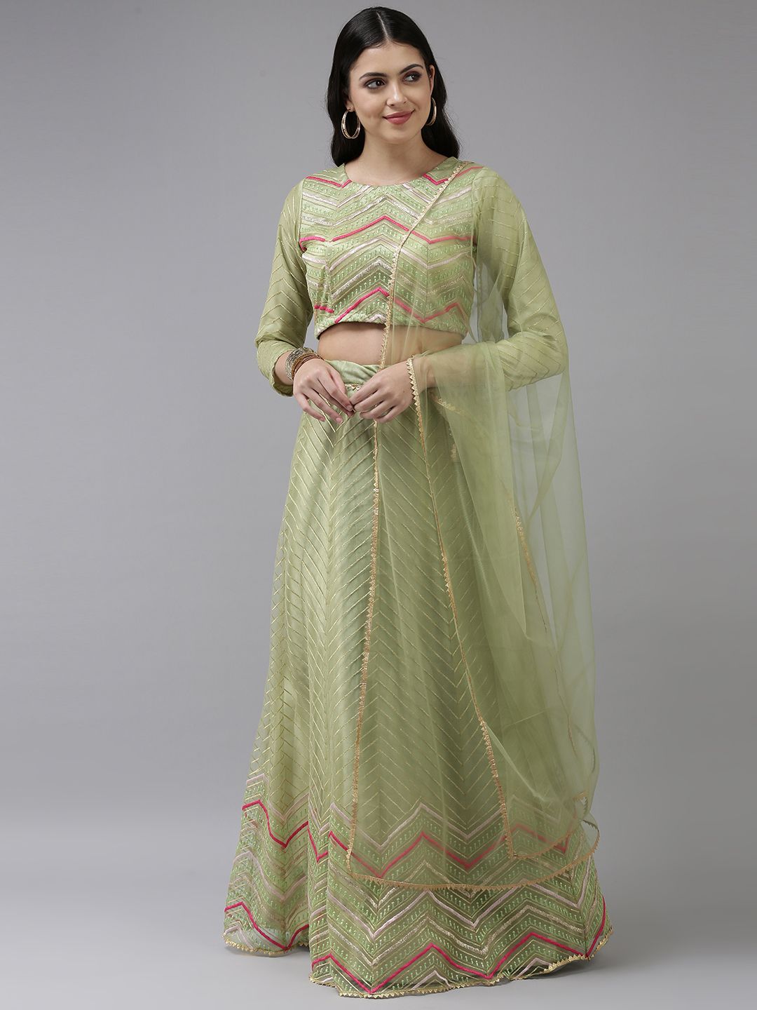 DIVASTRI Green & Golden Embroidered Ready to Wear Lehenga & Unstitched Blouse With Dupatta Price in India