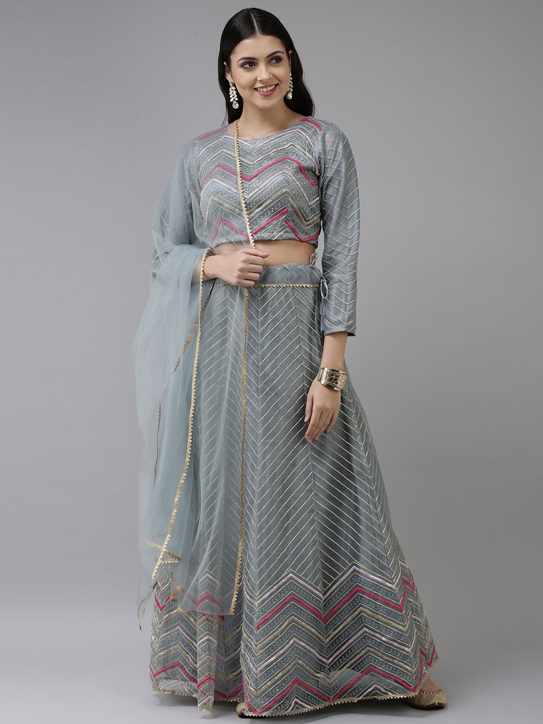 DIVASTRI Grey Embroidered Ready to Wear Lehenga & Unstitched Blouse With Dupatta Price in India