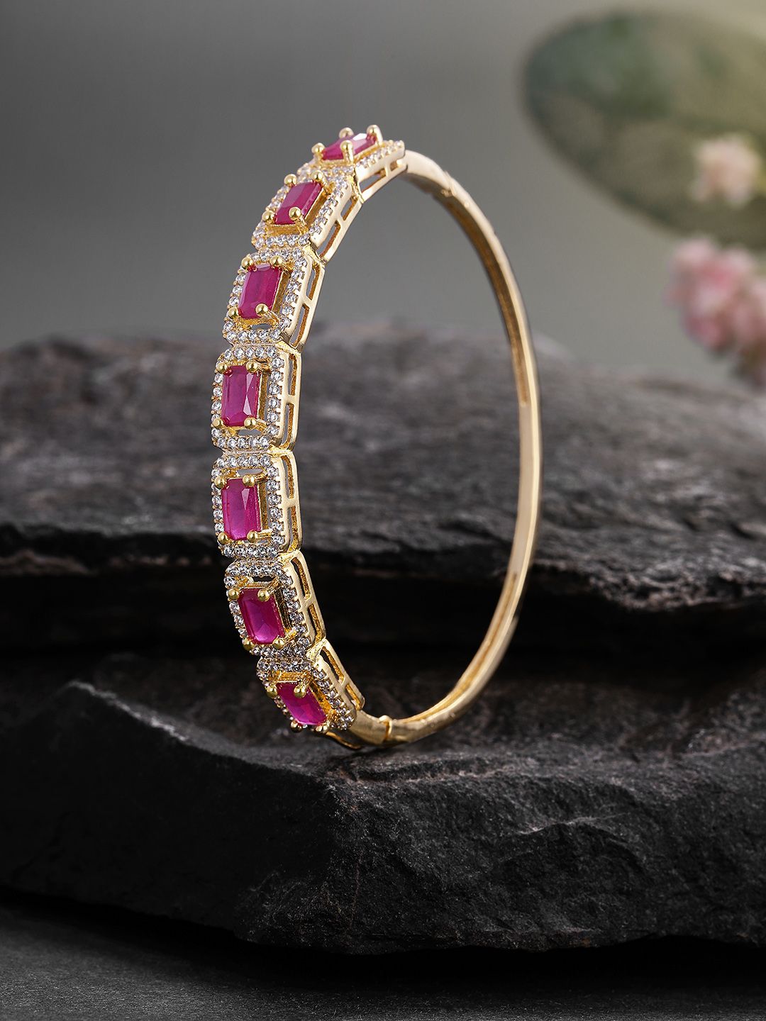 Peora Women Gold-Toned & Red American Diamond Gold-Plated Kada Bracelet Price in India