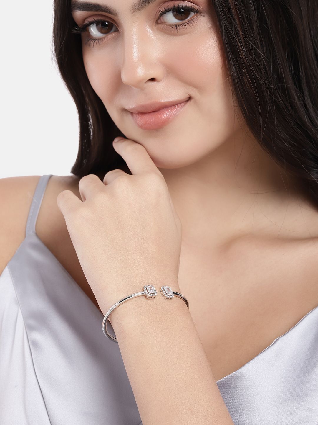Peora Women Silver-Toned American Diamond Silver-Plated Kada Bracelet Price in India