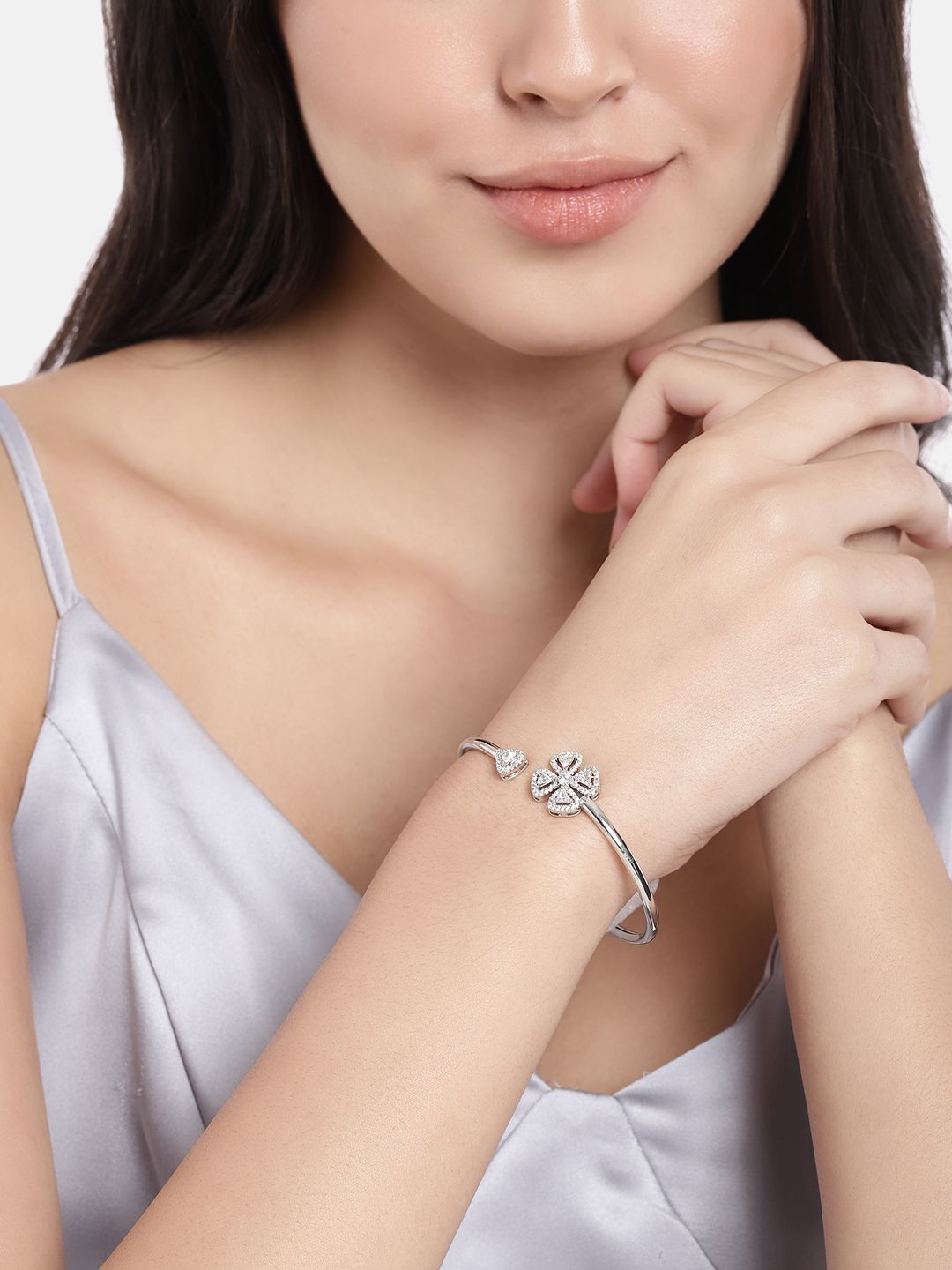 Peora Women Silver-Toned American Diamond Silver-Plated Kada Bracelet Price in India