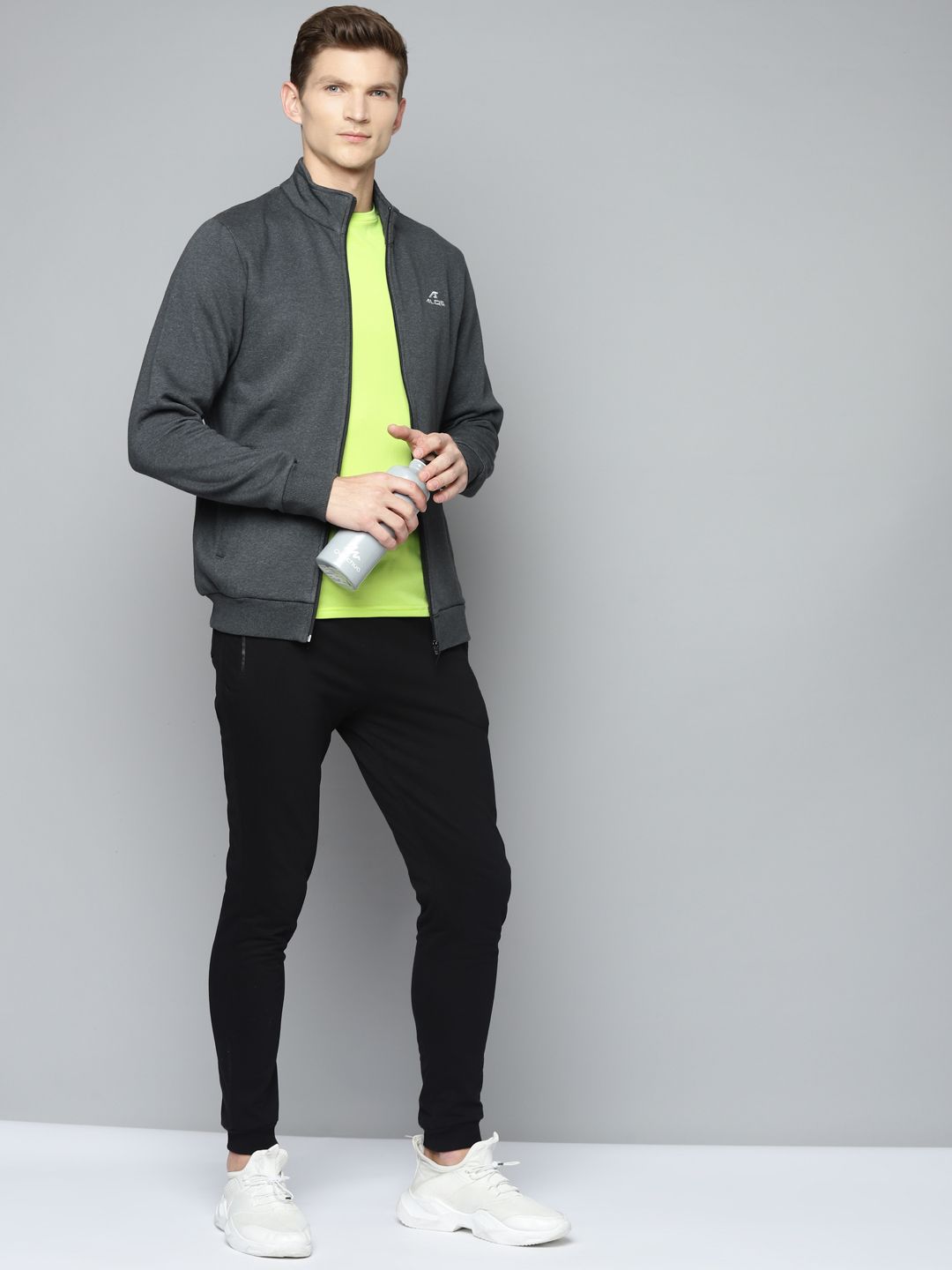 Buy Alcis Men Charcoal Grey Solid Cotton Running Sporty Jacket