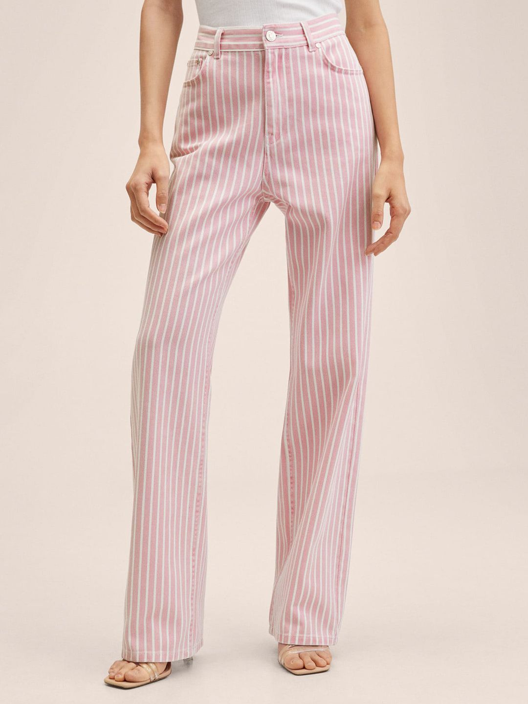 MANGO Women Pink & White Striped Stretchable Pure Cotton Jeans Price in India