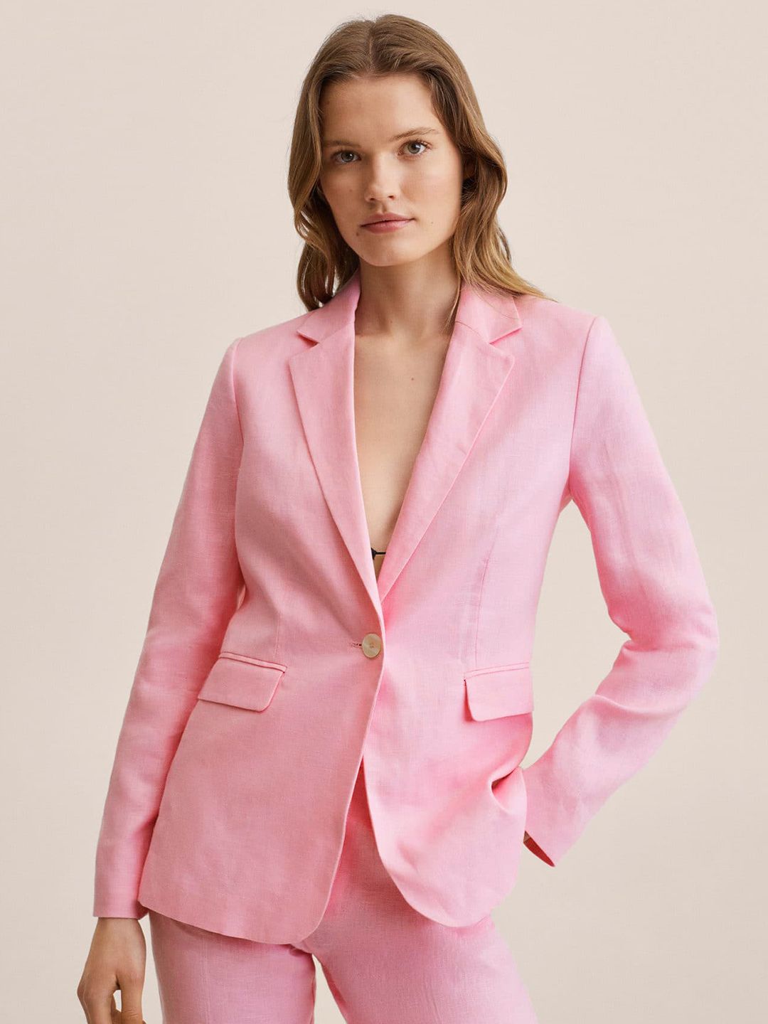 MANGO Women Pink Solid Single-Breasted Blazer Price in India