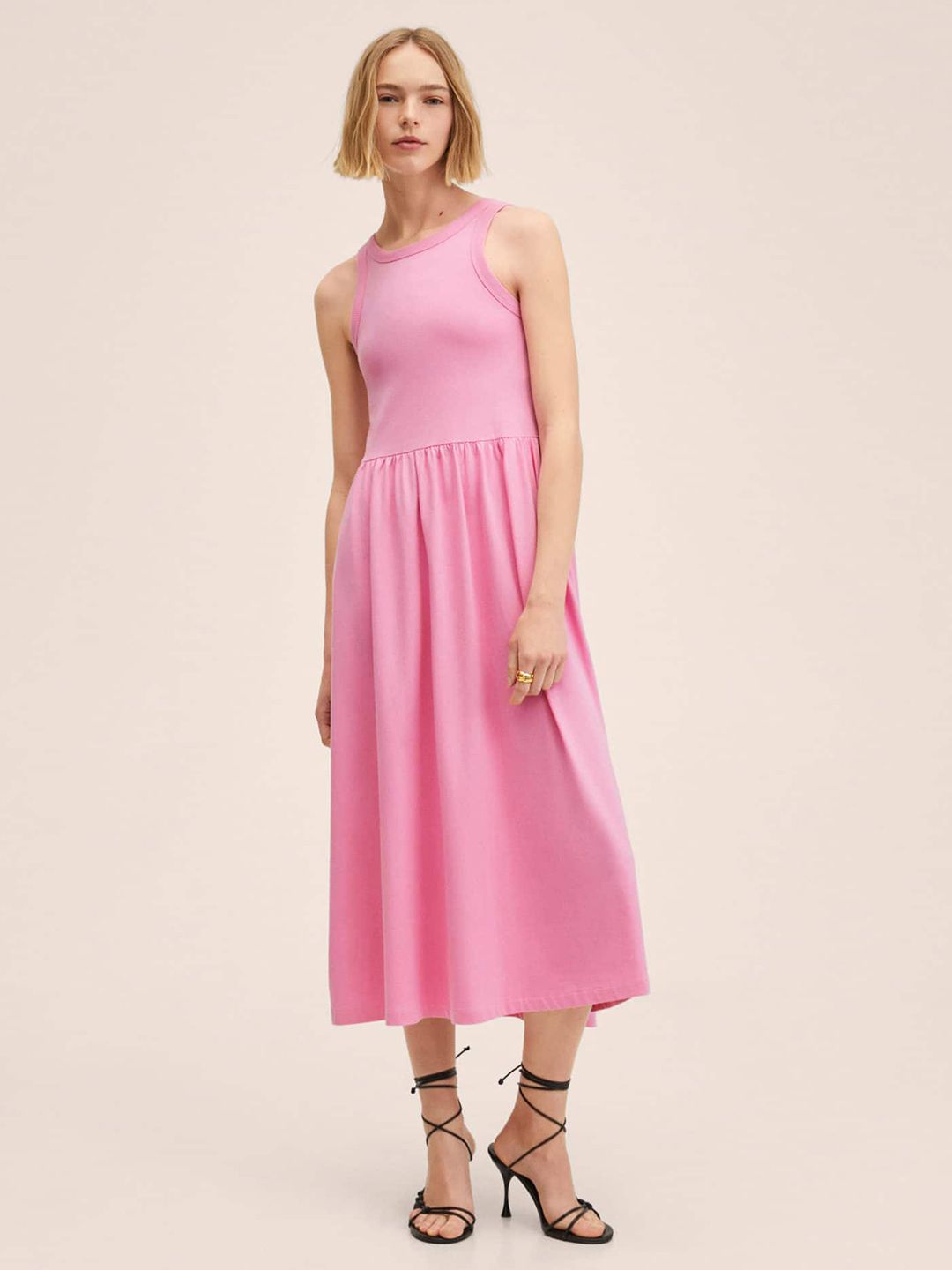MANGO Pink  Pure Cotton Solid A-Line Midi Dress with Gathered Waist Price in India