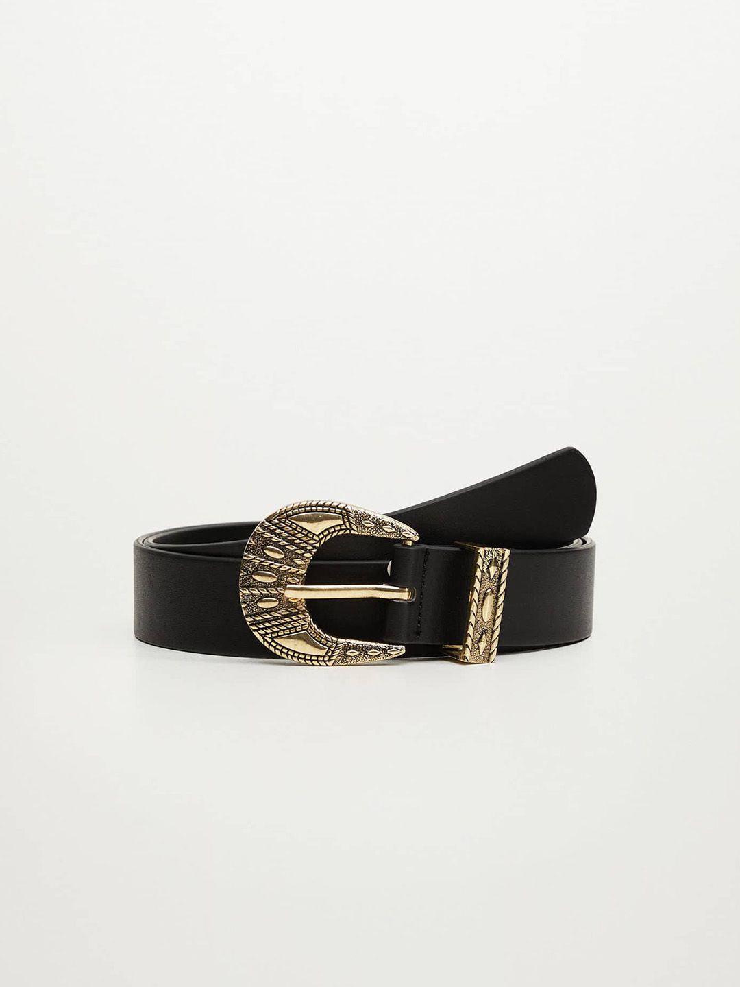 MANGO Women Black Solid Belt with Embossed Buckle Price in India