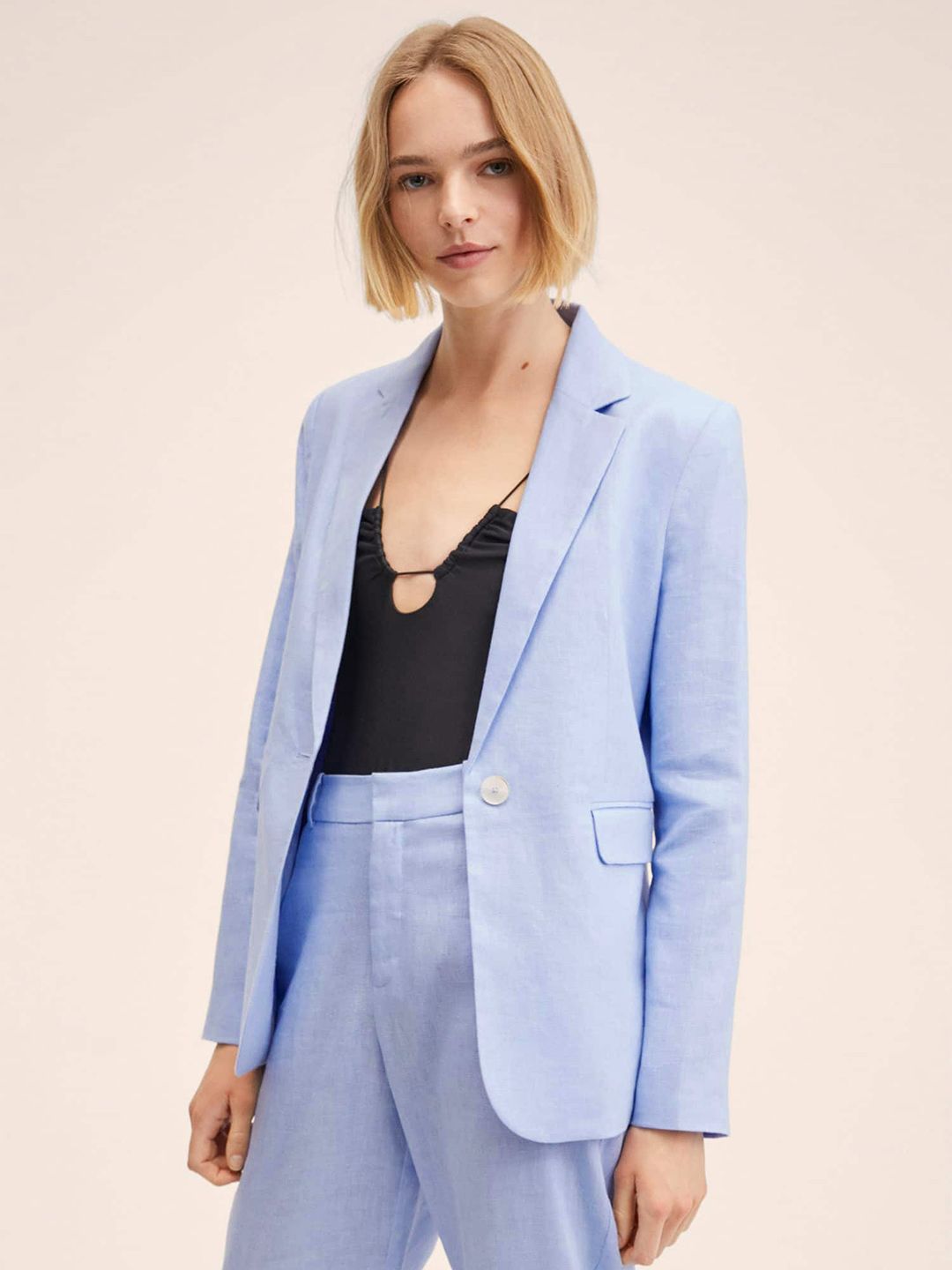 MANGO Women Blue Solid Single-Breasted Longline Blazer Price in India