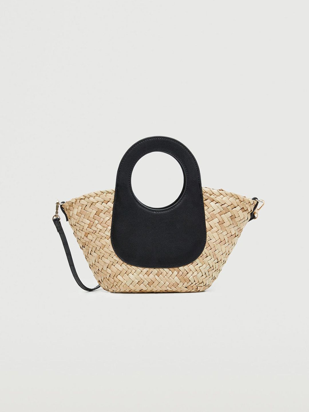 MANGO Beige & Black Basketweave Bucket Handheld Bag Price in India