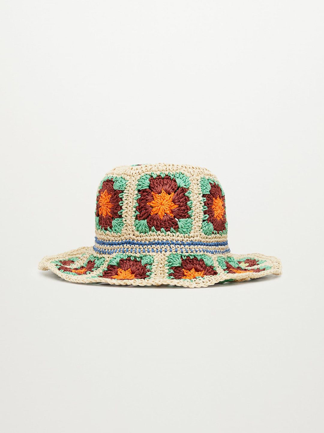 MANGO Women Beige & Green Floral Crochet Bucket Hat Price in India