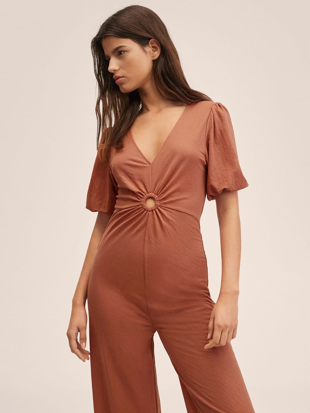 MANGO Dusty Pink V-Neck Cutout Detail Basic Jumpsuit Price in India