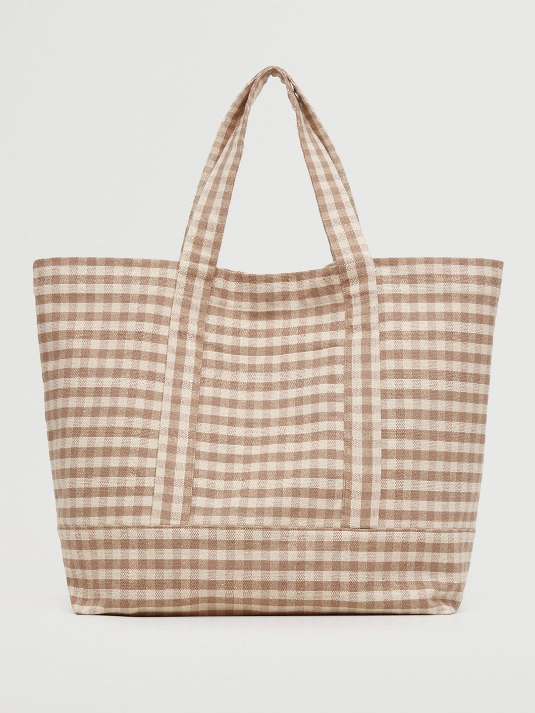 MANGO Women Cream-Coloured & Beige Checked Oversized Shopper Tote Bag Price in India