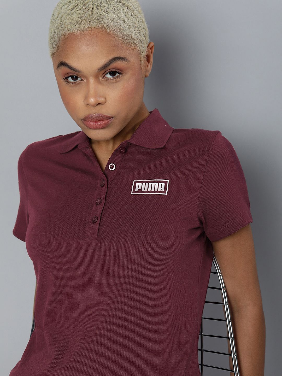 Puma Women Burgundy Polo Collar T-shirt with Printed Detail Price in India