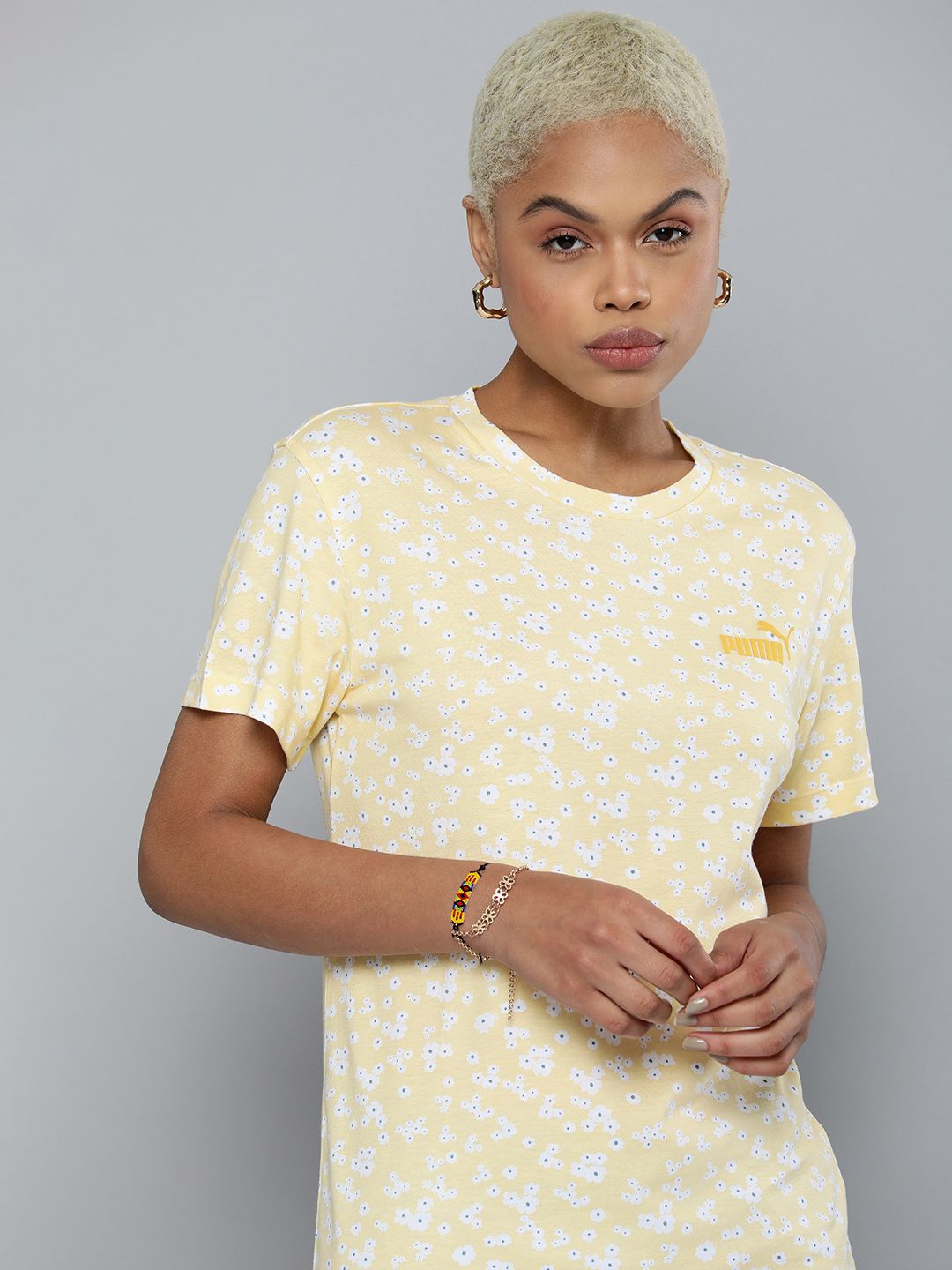 Puma Women Yellow & White Floral Printed Essential T-shirt Price in India