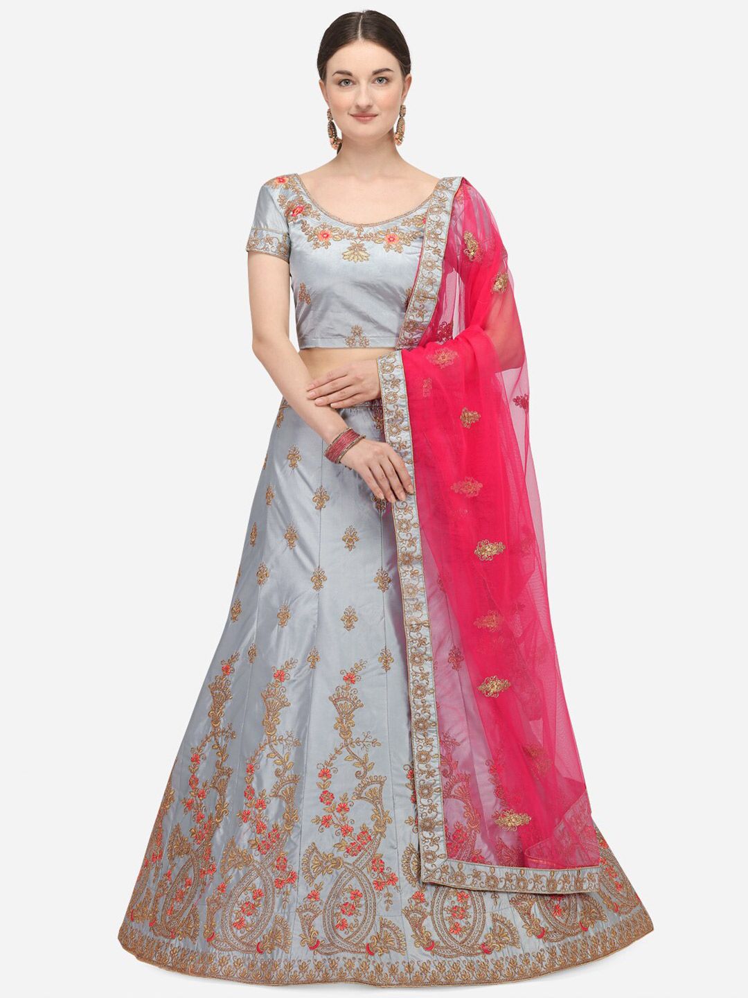 Netram Grey & Pink Embroidered Semi-Stitched Lehenga & Unstitched Blouse With Dupatta