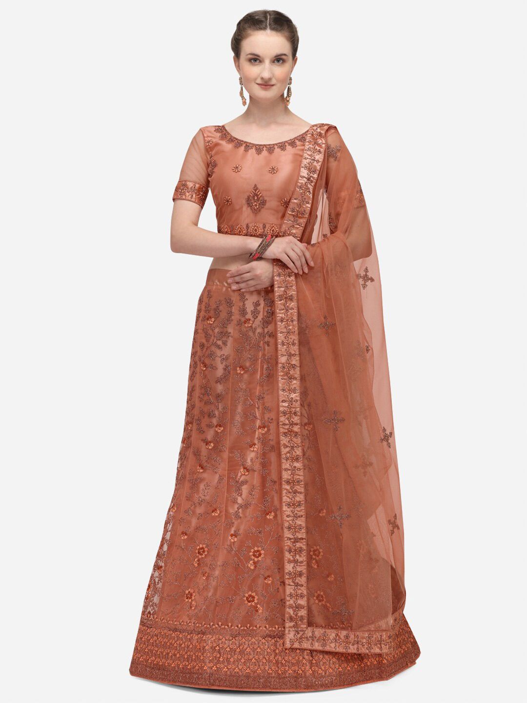 Netram Peach-Coloured & Copper-Toned Embroidered Semi-Stitched Lehenga & Unstitched Blouse With Dupatta