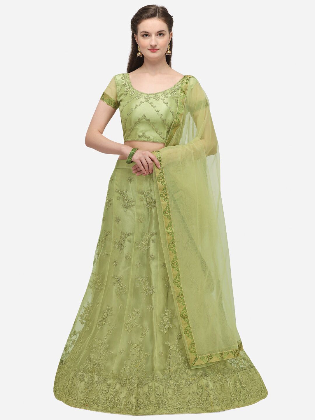 Netram Lime Green & Gold-Toned Embroidered Semi-Stitched Lehenga & Unstitched Blouse With Dupatta Price in India