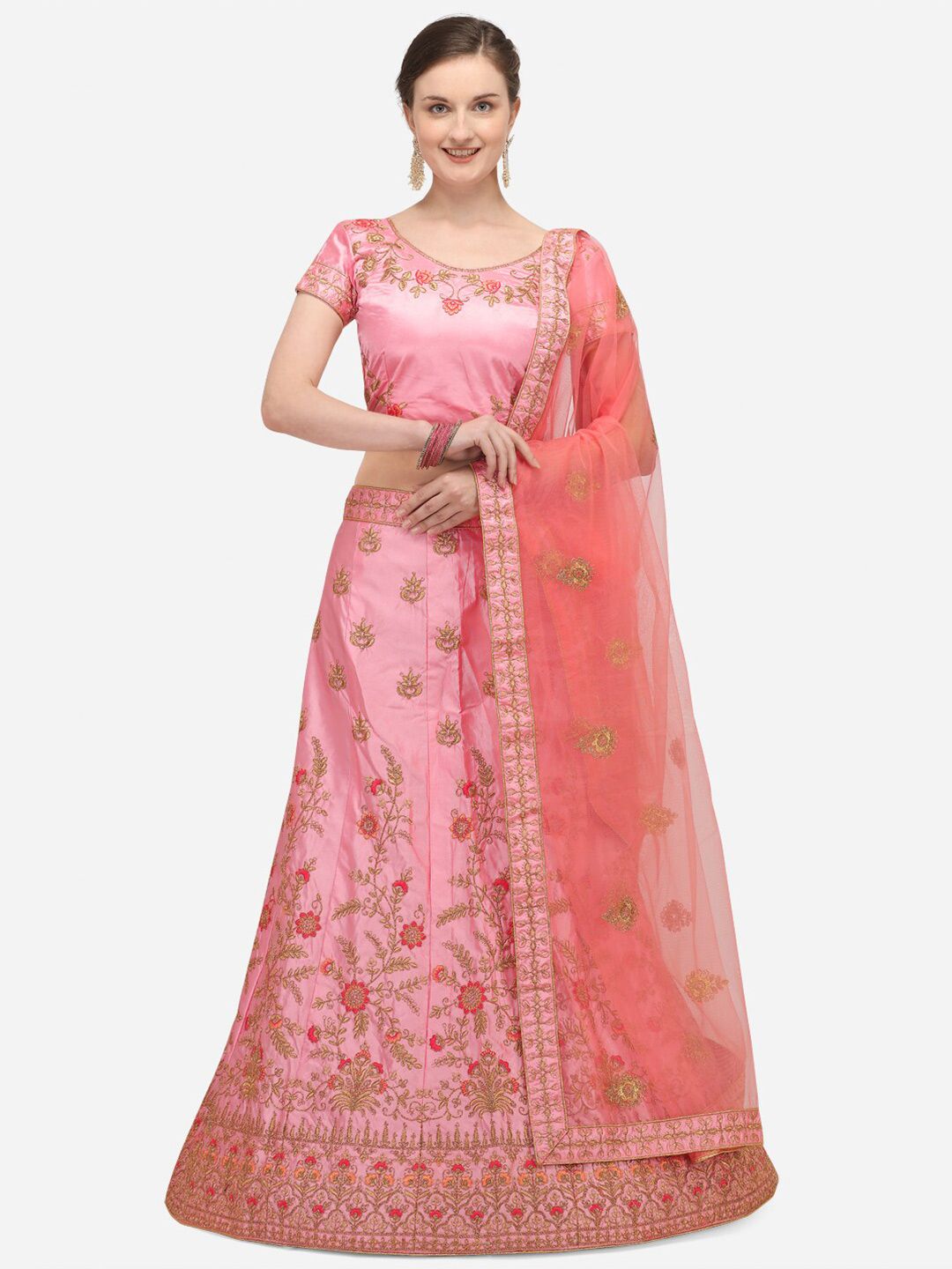 Netram Pink & Gold-Toned Embroidered Semi-Stitched Lehenga & Unstitched Blouse With Dupatta