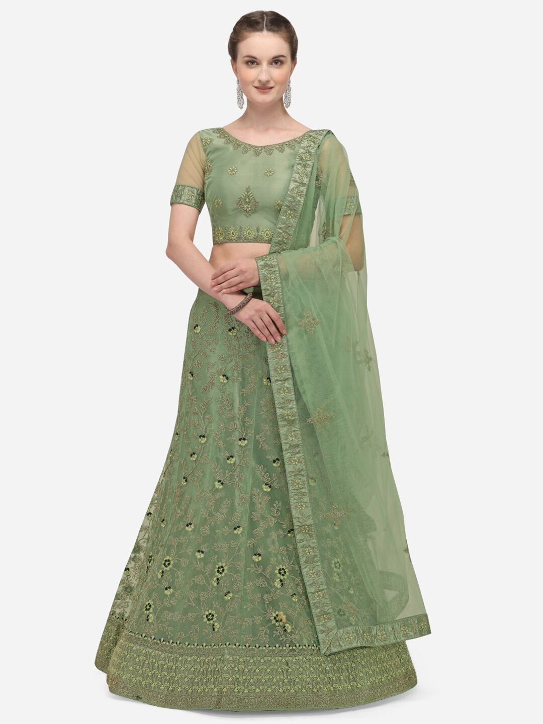 Netram Olive Green Embroidered Semi-Stitched Lehenga & Unstitched Blouse With Dupatta