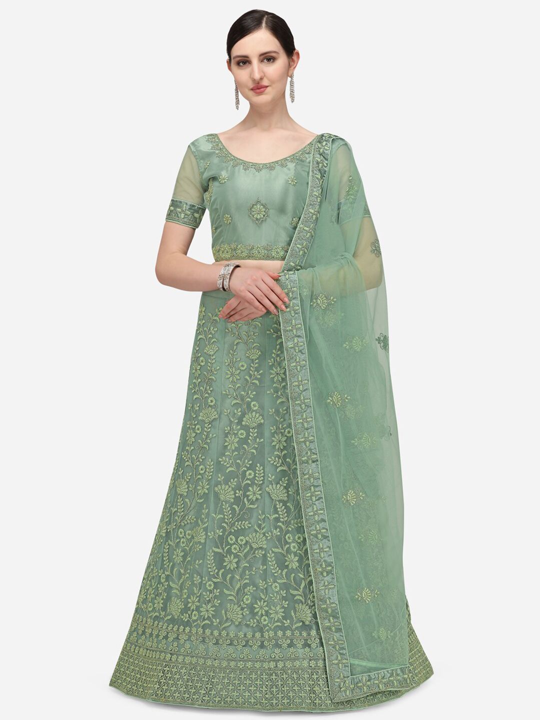 Netram Lime Green Embroidered Semi-Stitched Lehenga & Unstitched Blouse With Dupatta Price in India