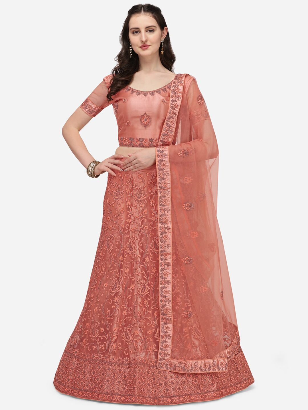 Netram Peach-Coloured & Rose Gold Embroidered Semi-Stitched Lehenga & Unstitched Blouse With Dupatta