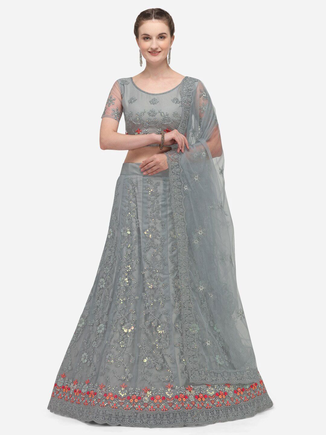 Netram Grey & Red Embroidered Semi-Stitched Lehenga & Unstitched Blouse With Dupatta