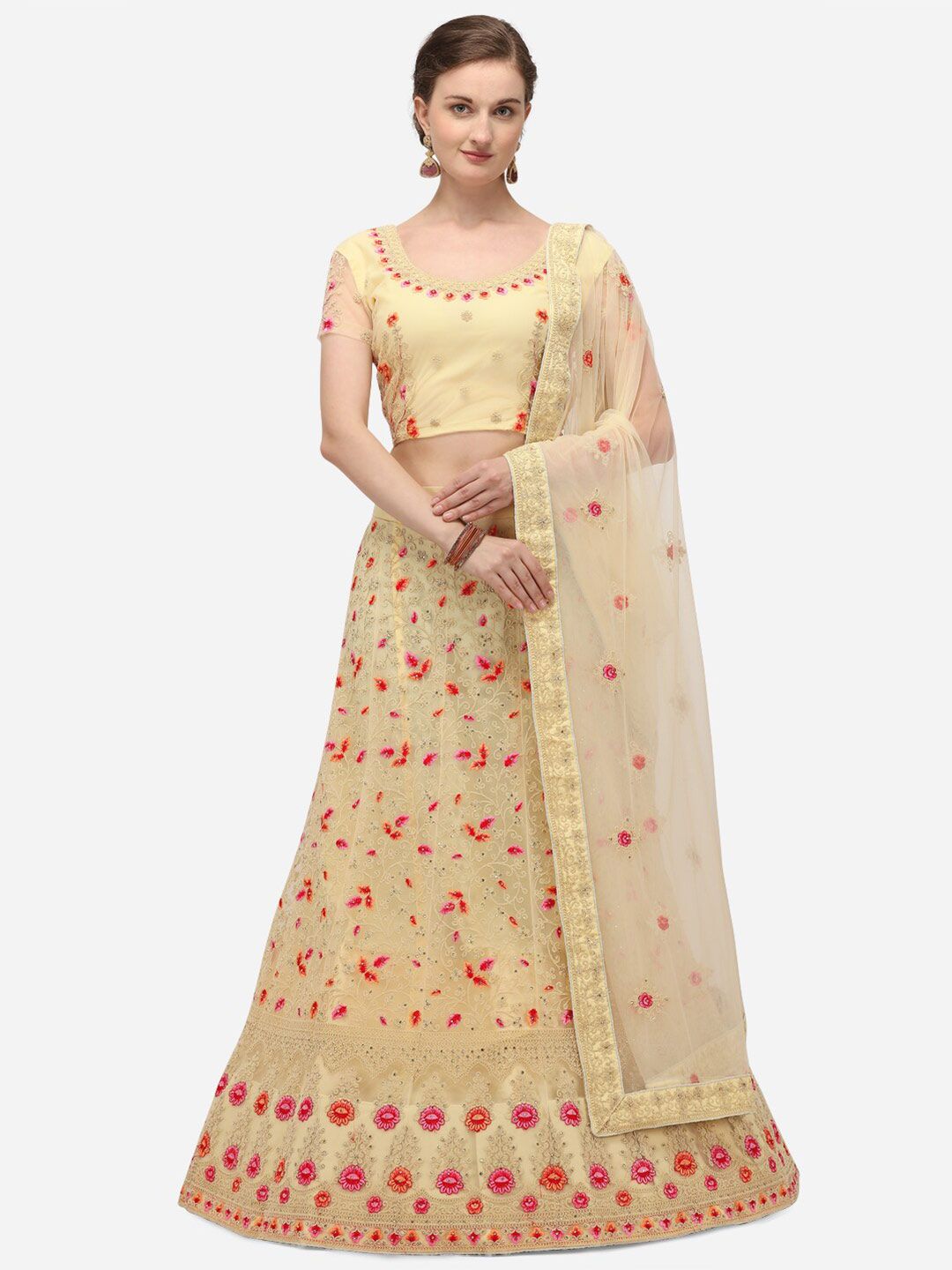 Netram Yellow & Pink Embroidered Semi-Stitched Lehenga & Unstitched Blouse With Dupatta
