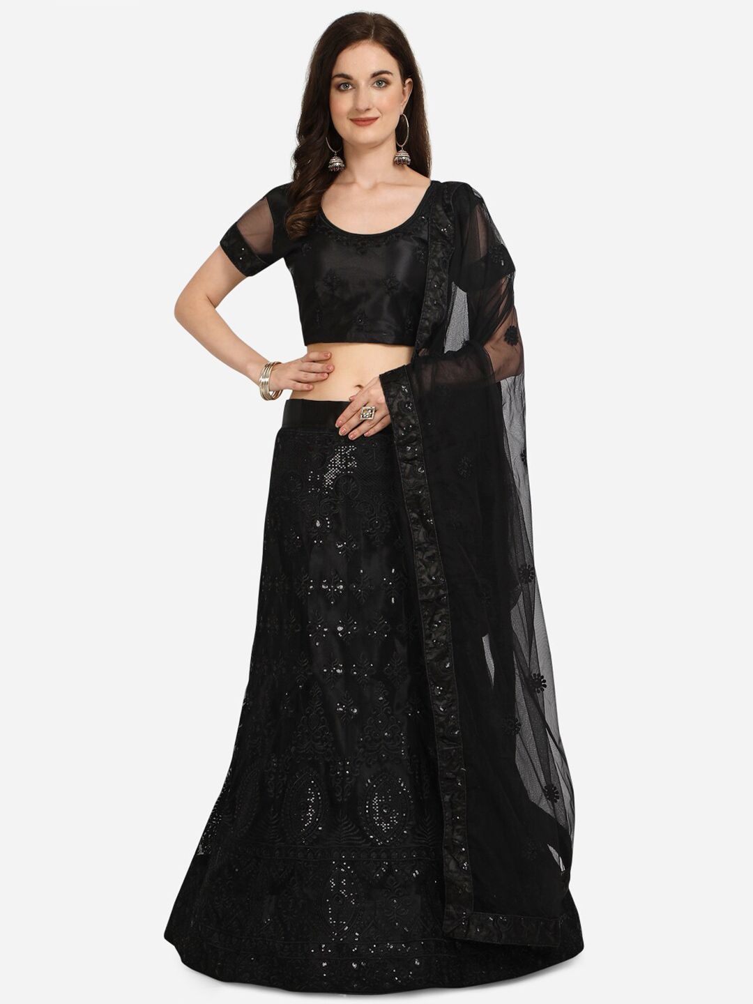 Netram Black Embroidered Semi-Stitched Lehenga & Unstitched Blouse With Dupatta Price in India