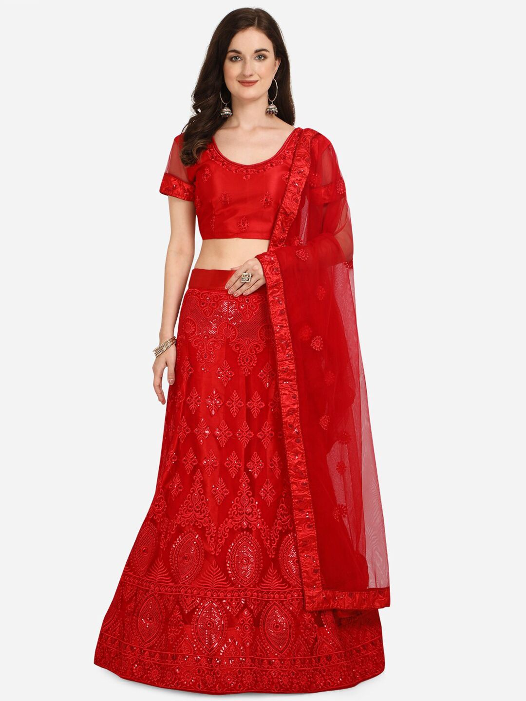 Netram Red Embroidered Semi-Stitched Lehenga & Unstitched Blouse With Dupatta Price in India