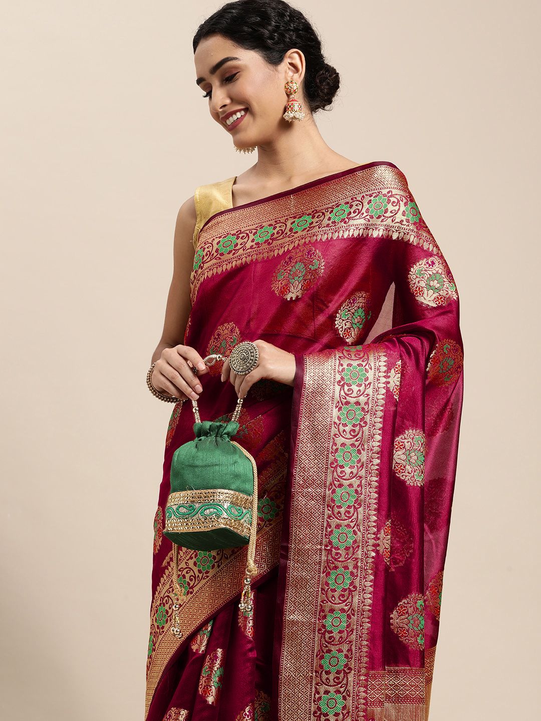 Mitera Maroon Ethnic Motifs Zari Organza Kanjeevaram Saree Price in India