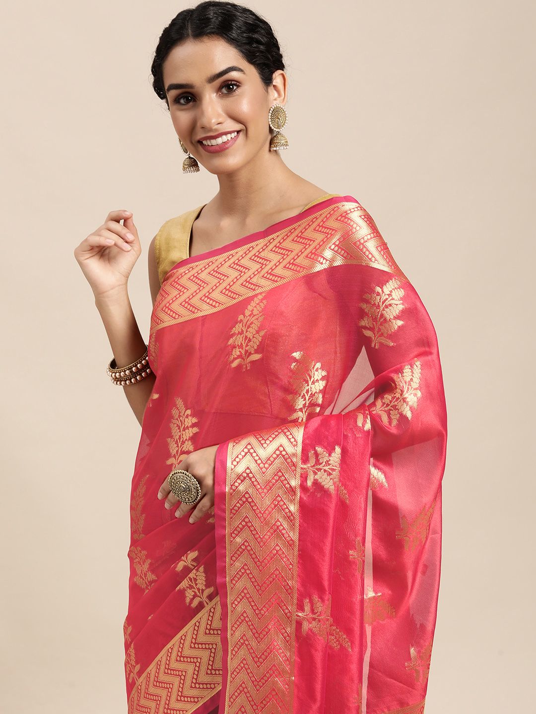 Mitera Red Floral Zari Organza Kanjeevaram Saree Price in India