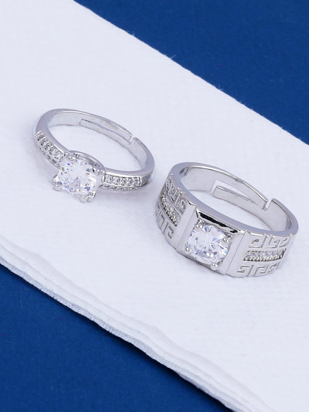 Silver Shine Set Of 2 Silver-Plated & Stone Studded Adjustable Couple Ring Price in India