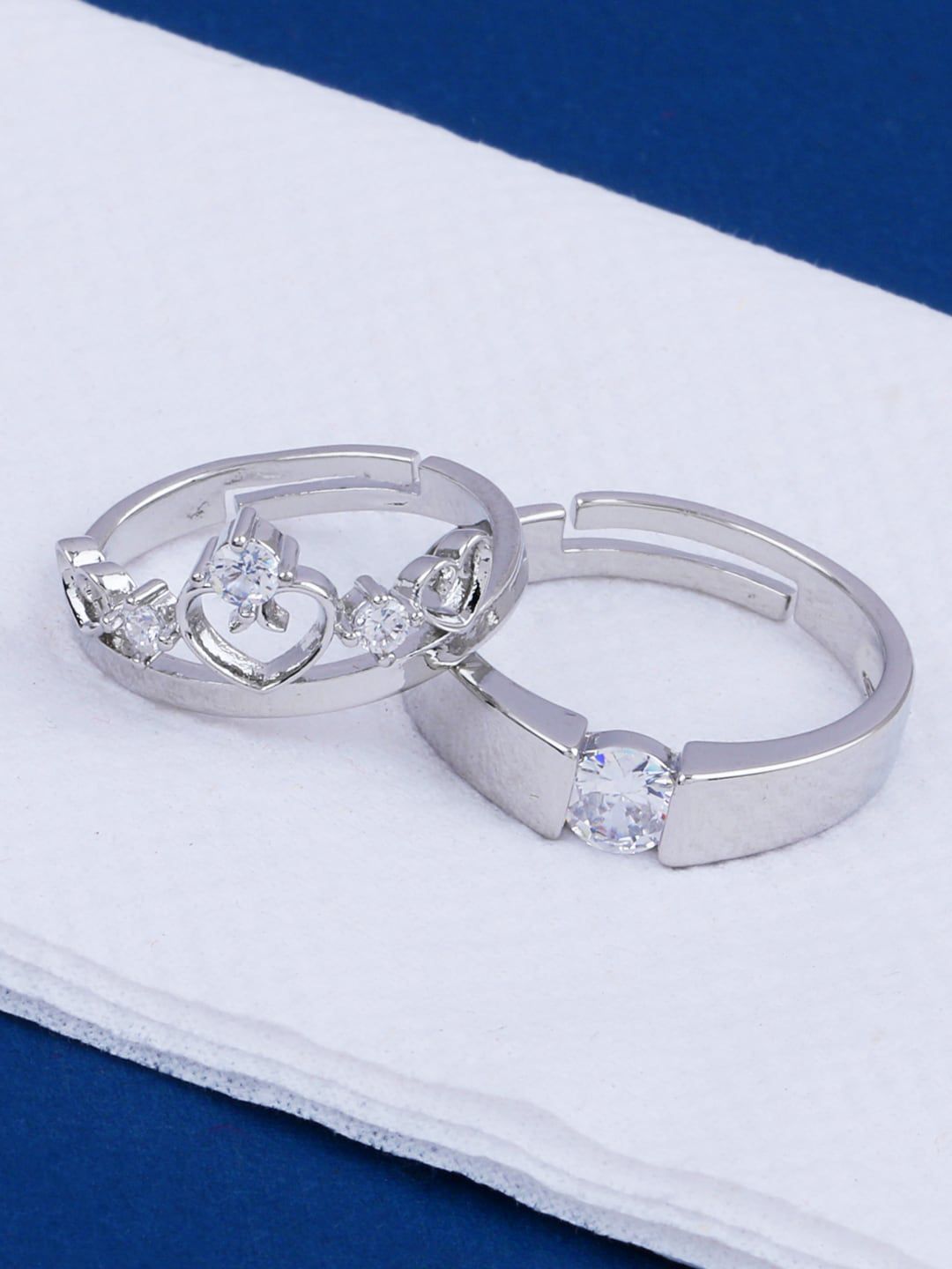 Silver Shine Set Of 2 White & Silver-Toned Plated Stone-Studded Couple Finger Rings Price in India