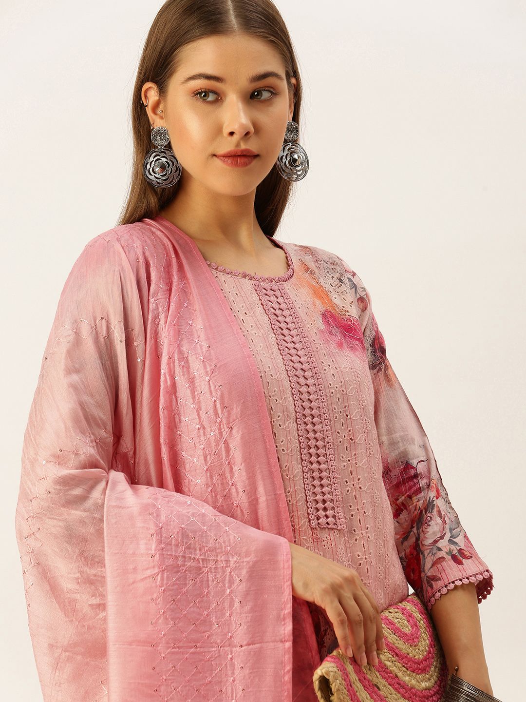 SWAGG INDIA Women Pink Ethnic Motifs Embroidered Chikankari Kurta with Trousers & With Dupatta Price in India