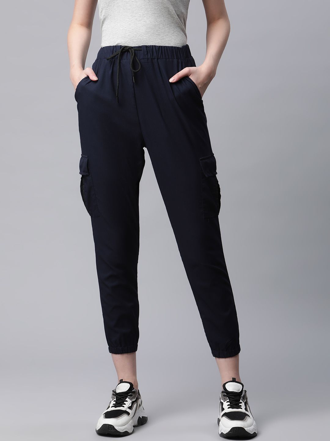 RIVI Women Navy Blue Relaxed Cotton Cargos Trousers Price in India