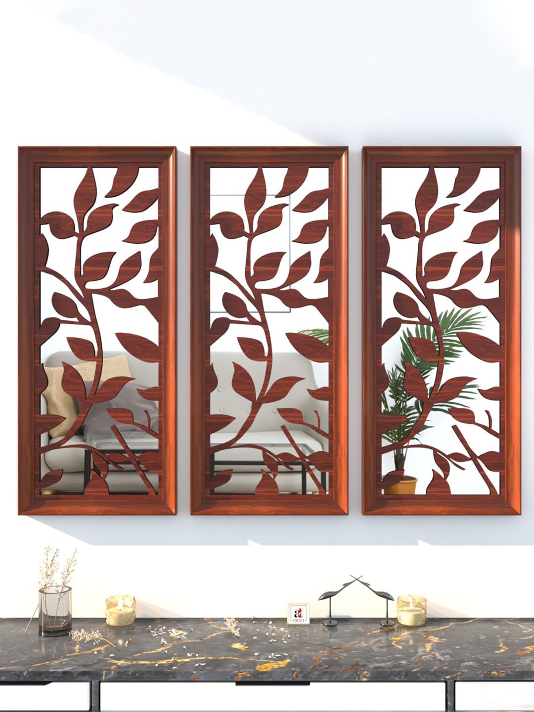 Art Street Set of 3 Brown Leaves Decorative Wall Mirror Price in India