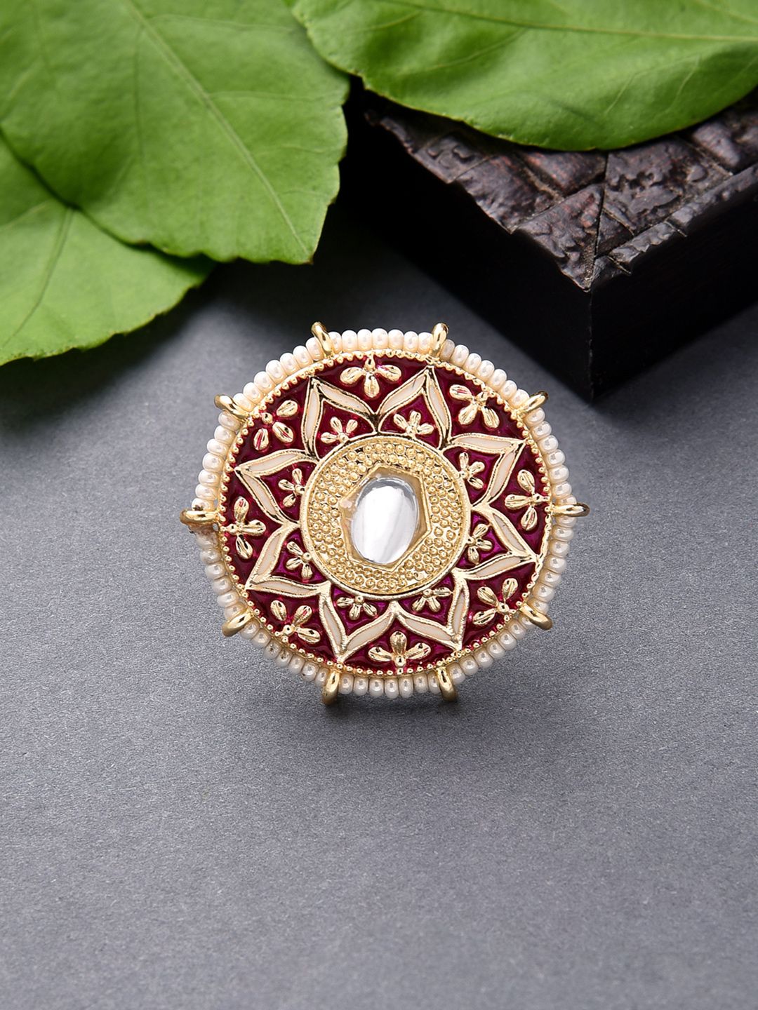 Fida Women Gold Plated Red Kundan-Studded & Pearl Beaded Handcrafted Floral Traditional Ring Price in India