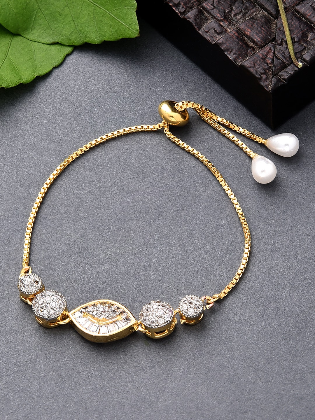 Fida Women White & Gold-Toned American Diamond Rhodium-Plated Charm Bracelet Price in India