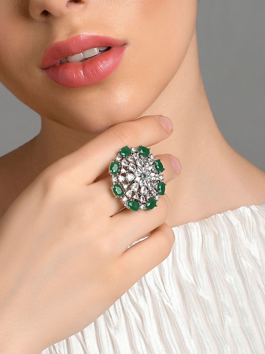 Fida Rhodium-Plated Green AD-Studded Finger Ring Price in India