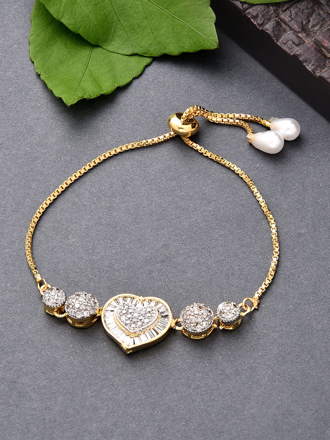 Fida White & Gold-Toned Brass AD Studded Rhodium-Plated Charm Bracelet Price in India