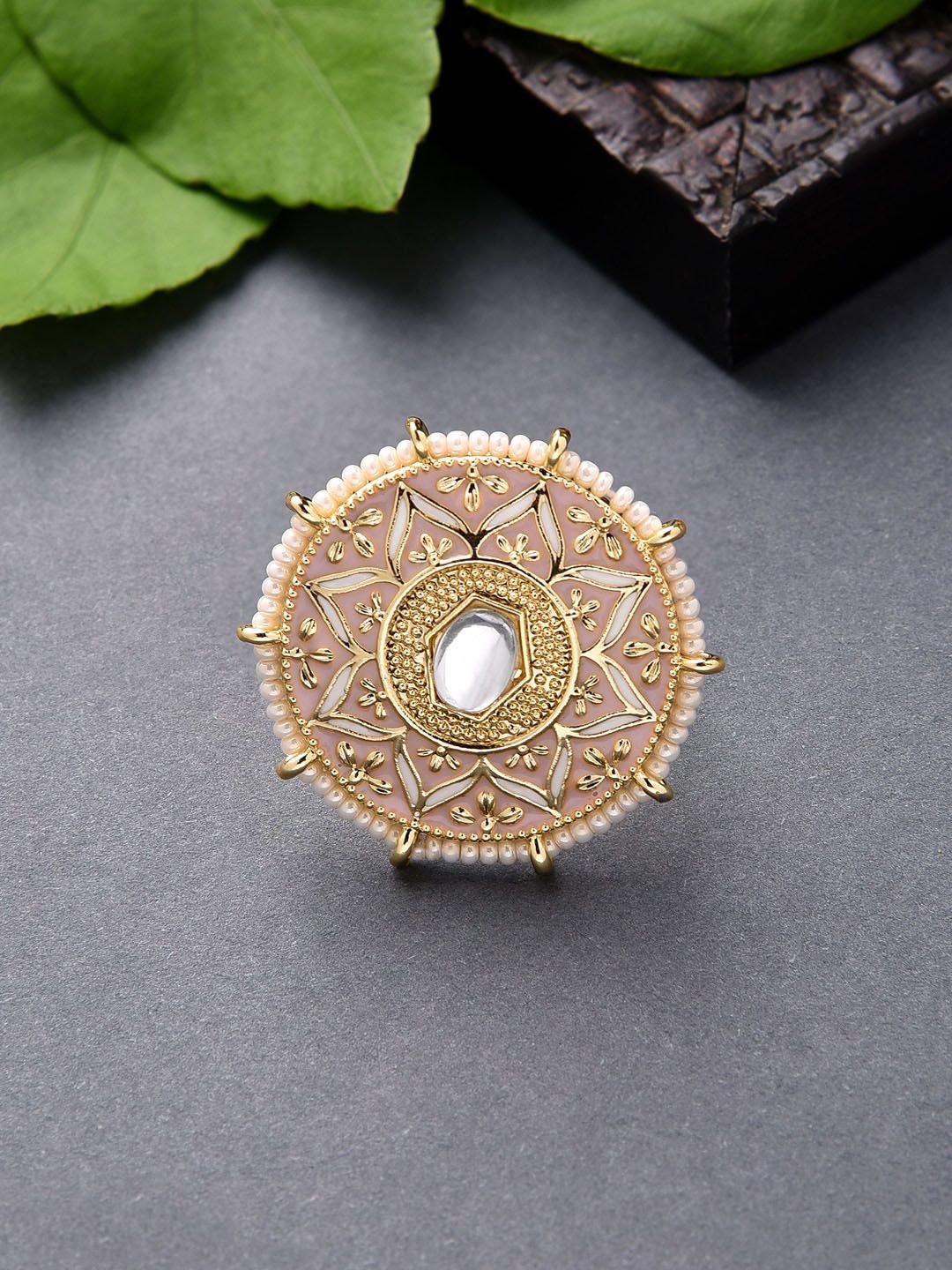 Fida Gold-Plated White & Pink Stone Studded & Beaded Handcrafted Adjustable Finger Ring Price in India