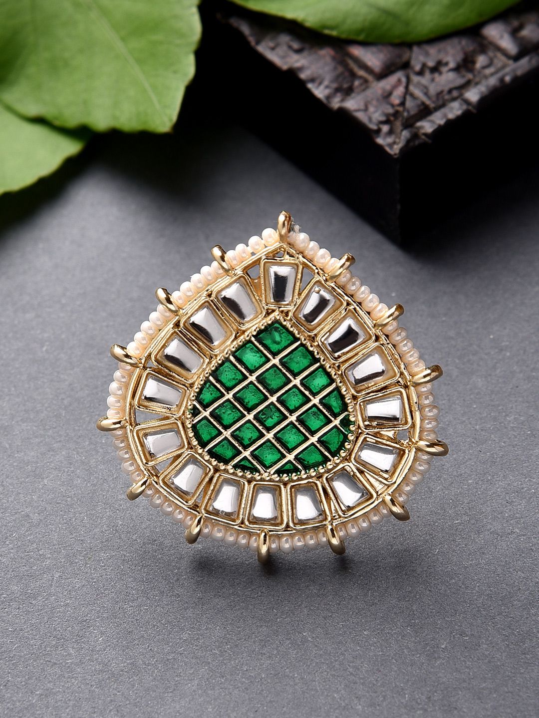 Fida Gold-Plated Green Meenakari Kundan-Studded & Pearl Beaded Finger  Ring Price in India