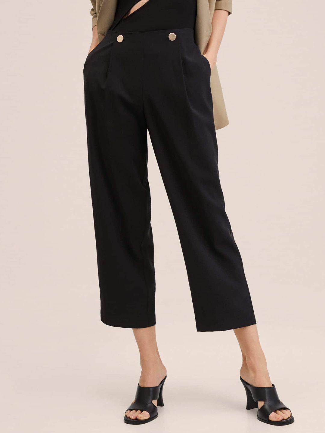 MANGO Women Black Pleated Cropped Trousers Price in India