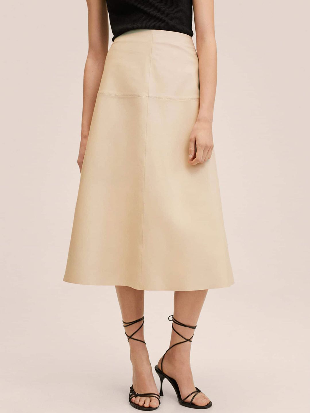 MANGO Off-White Leather Solid Casual A-Line Midi Skirt Price in India