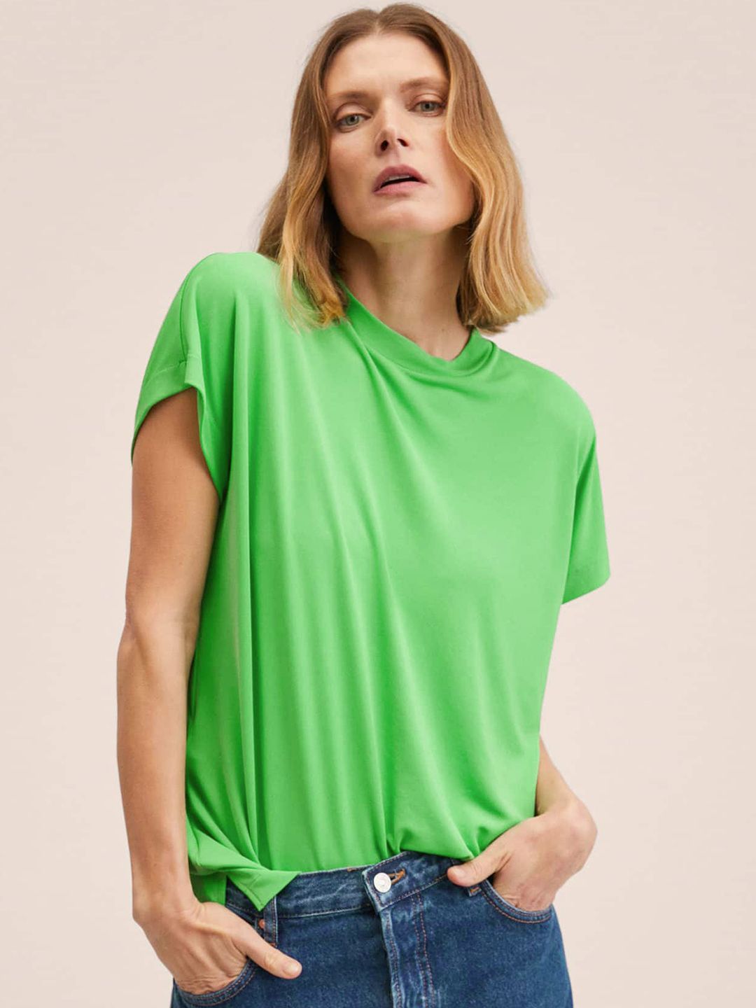 MANGO Green Solid Extended Sleeves Styled Back Top