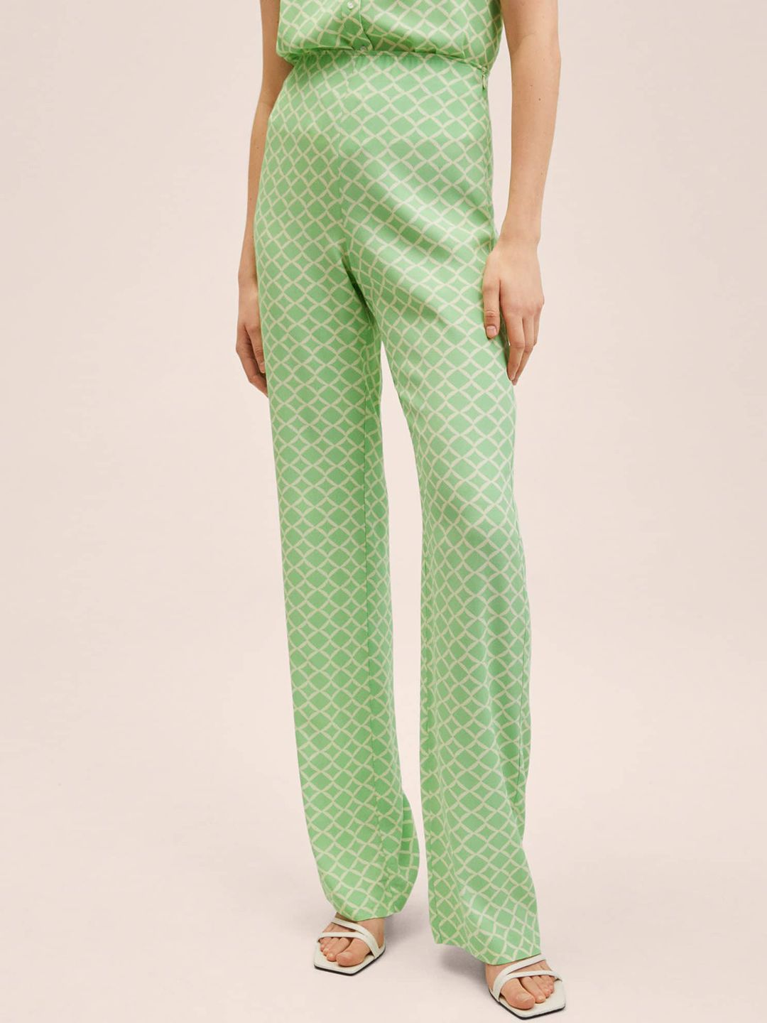 MANGO Women Green & White Geometric Printed High-Rise Trousers Price in India