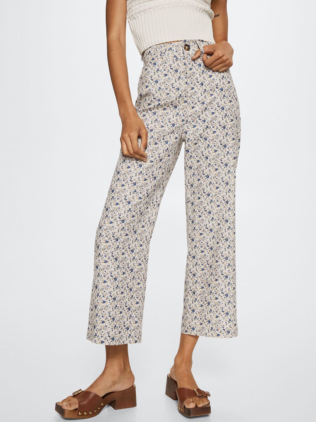 MANGO Women Beige Pure Linen Floral Print Straight Fit High-Rise Cropped Trousers Price in India