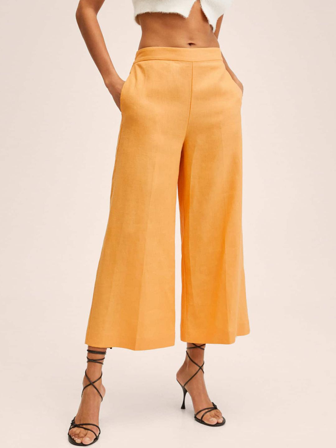 MANGO Women Mustard Yellow Solid Culottes Trousers Price in India